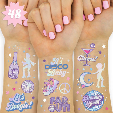 xo, Fetti Disco Birthday Party Temporary Tattoos - 48 Iridescent Foil Pcs | Birthday Girl Party Decorations, Dancing Queen, 70s Groovy Party