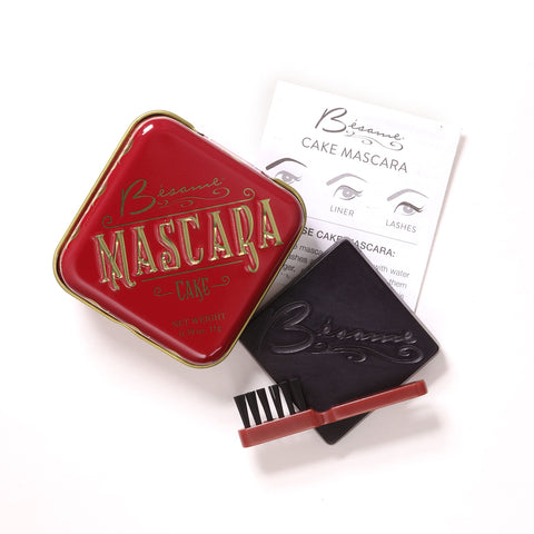 Besame Cosmetics Cake Mascara Black - Volume & Length 3-in-1 Eye Makeup - Eyelash Mascara, Eyeliner, Eyebrow Mascara - Vegan Mascara Sensitive Eyes - Black Mascara and Eyeliner Set + Tin & Applicator