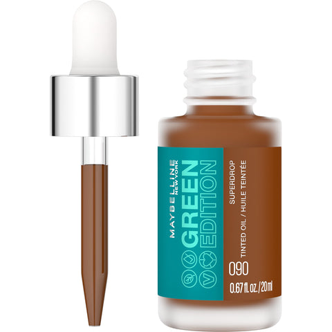 Maybelline New York Green Edition Superdrop Tinted Oil Base Makeup, Adjustable Natural Coverage Foundation Formulated With Jojoba & Marula Oil, 90, 1 Count
