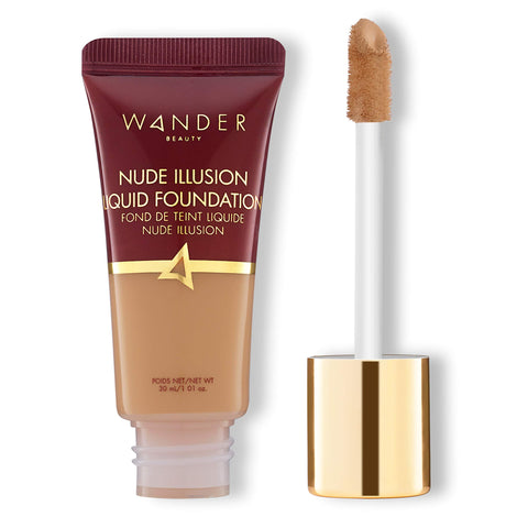 Nude Illusion Liquid Foundation - Tan - Medium to Full Coverage Foundation with Niacinamide & Lotus Extract - Natural Skin Finish - Blurs, Conceals & Contours - Travel-Friendly Tube