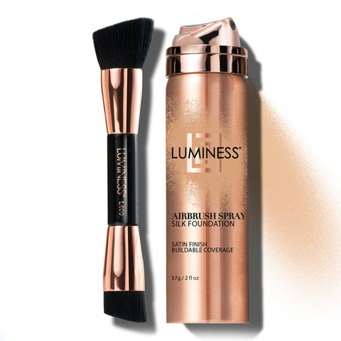 LUMINESS Silk Airbrush Spray Foundation & Buffing Brush Kit - Full Coverage Foundation & Dual-Sided Buffing Brush - Buildable Coverage, Anti-Aging Formula Hydrates & Moisturizes (Shade - Light Medium)