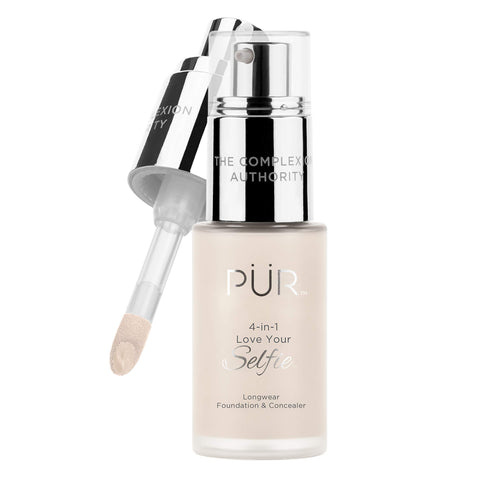 PÜR MINERALS 4-in-1 Love Your Selfie Longwear Foundation & Concealer, Full Coverage Liquid Foundation, Hydrating Formula, Cruelty Free