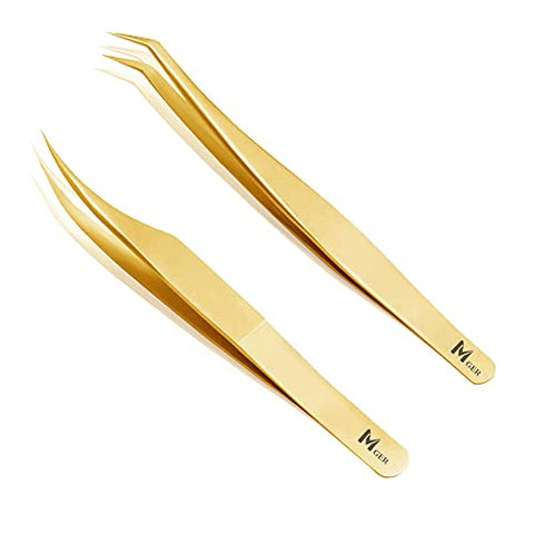 Lash Tweezers for Eyelash Extensions, MGER Hand Calibrated Dolphin-shaped & Curved Tip, False Lash Application Tools, Pack of 2, Gold