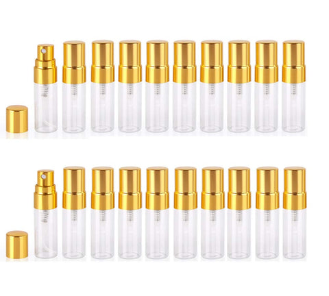 Atomizer Glass bottle Spray Bottle, 3ml Refillable Fragrance Perfume Mini Fine Mist Travel Small Empty Bottle Fragrance Clear Bottle With Aluminum Nozzle,20pcs (Gold)