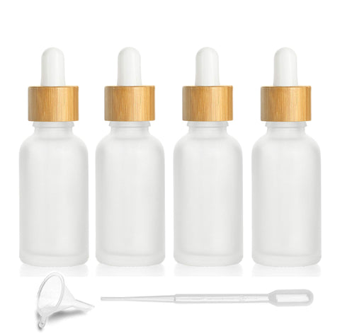 4 Pcs Bamboo Frosted Glass Eye Dropper Bottle,Empty Essential Oil Bottles With Pure Glass Pipettes,Bamboo Cap Makeup Travel Cosmetic Sample Container-Pipette&Funnel included (30ml/1 Ounce)