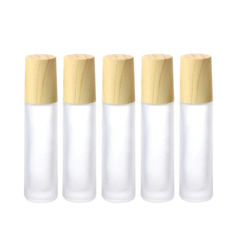 Essential Oil Roller Bottles,5 Pack 10ml Colorful Frosted Glass Roller Bottles with Stainless Steel Roller Balls,Wood Grain Lid Perfume Roll on Bottles Lip Balms Container (White frosted)