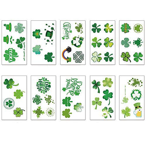 St. Patrick's Day Tattoos 60pcs Temporary Shamrock Tattoos 10 Set for St. Paddy's day Irish Tattoo Sticker Clover Tattoos Parade Party Favors Decorations