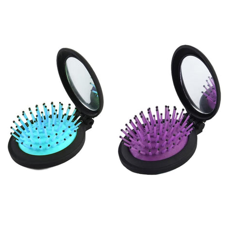 NuAngela Mini Hairbrush, Folding Hair Brush With Mirror Set, Compact Pocket Size, Travel Pop Up Hair Comb, Easy Keep in Purse, Gym Car Bag (2 Count (Pack of 1), Green Blue)