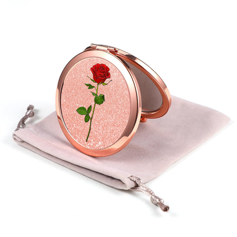 Compact Mirror Dynippy Round Rose Gold 2 x 1x Magnification Makeup Mirror for Purses and Travel Folding Mini Pocket Mirror Portable Hand for Girls Woman Mother - Red Rose