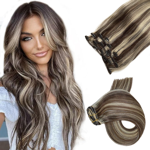 Hair Extensions Clip in Human Hair,Dark Brown with Blonde Highlights Hair Extensions Clip ins,7 Pieces Weft Real Human Hair Extensions 18Inch Blonde Highlights 9A Balayage Remy Clip-in Hair for Women