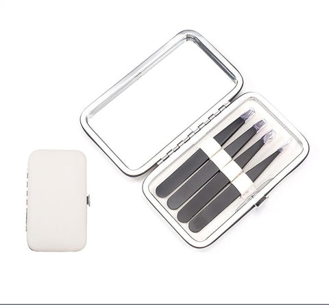 Tweezers Set - Professional Stainless Steel Tweezers Kit for Eyebrows for Women and Men with Mirror& Leather Travel Case, Facial Hair Ingrown Hair Removal (4 Pcs, Black) (Black)