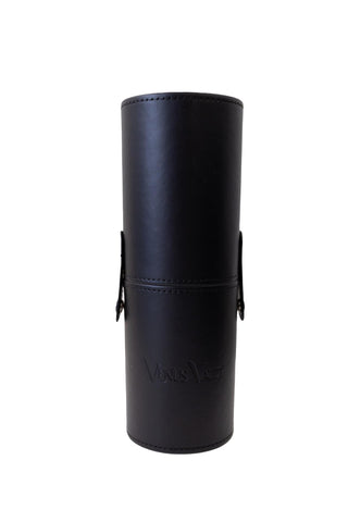 Venus Vault's Premium Portable Black Leather Cosmetic Makeup Brush Holder/Case/Display/Organiser, Matte Black, 23 cm x 8 cm, Portable Cylendrical Cosmetic Brush Case with Snap System Clips, Matte
