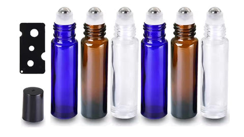 HINNASWA Essential Oil Roller Bottles, Empty Refillable Roll on Glass Bottles, Leak proof Glass Bottle, Stainless Steel Balls for Essential Oil 6 Packs (Amber, Blue, White)