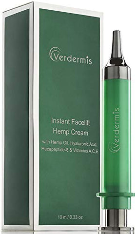 Verdermis Instant Facelift Cream with Hemp Oil, Hyaluronic Acid, Vitamins A,C,E, Omega 3,6, and Peptides. Non-Invasive. Instant Results. High-Performance Formula with HEMP Oil.