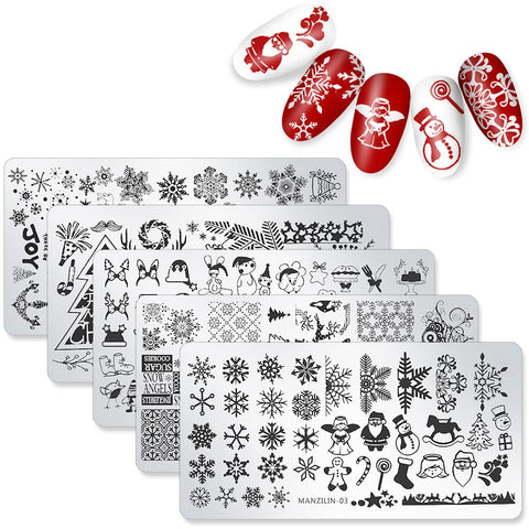 WOKOTO 5Pcs Christmas Nail Art Plates Stamping Set Snow Winter Nail Art Image Plate Manicure Template Nail Art Tools