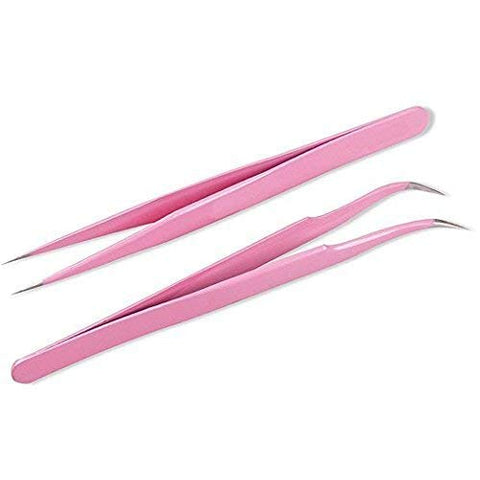 VNDEFUL 2 Pcs Pink Stainless Steel Tweezers for Eyelash Extensions, Straight and Curved Tip Tweezers Nippers, False Lash Application Tools