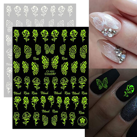 Luminous Nail Art Stickers, 6 Sheets Glow in the Dark 3D Nail Decals for nail Art Butterfly Flowers Designer Stickers Self-Adhesive Nails Art