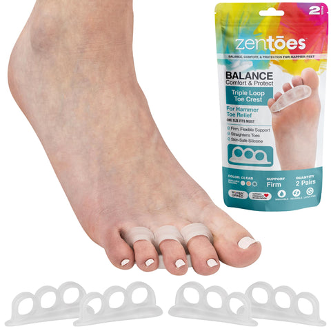 ZenToes Hammertoe Corrector Gel Toe Straighteners with 3 Separator Loops - Realign Bent, Crooked, Curled, Claw, Hammer Toes - Cushion Crest for Men and Women - Firm Support, Clear