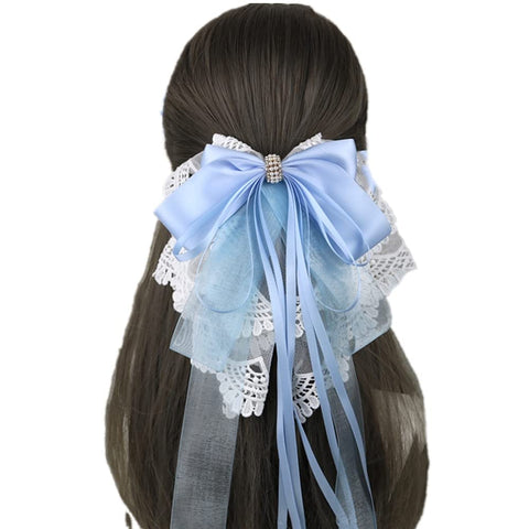 Women Handmade Ribbon Lace Sweet Cute Hairpin Lolita Big Bow Hair Clips Lolita Party Princess Barrette Hair Accessories (Blue)