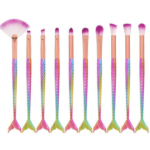 Makeup Brush Set 10 Pcs Fish Tail Eye Makeup Brushes, Eyeshadow Concealer Eyeliner Brow Blending Brush Tool(Multicolor Mermaid Handle)