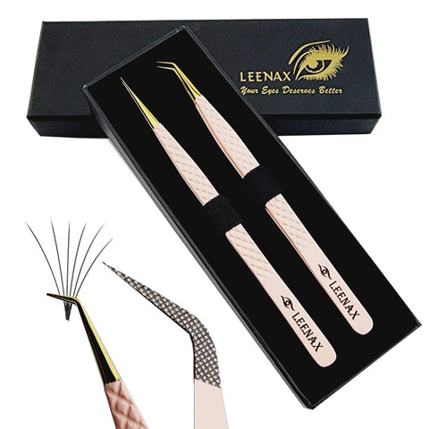 Eyelash Extension Tweezers Set of 2 pieces straight & curved with Diamond Grip, peach Colour,14cm, volume Tweezers, Lash Extension Precision tweezers. (Peach)