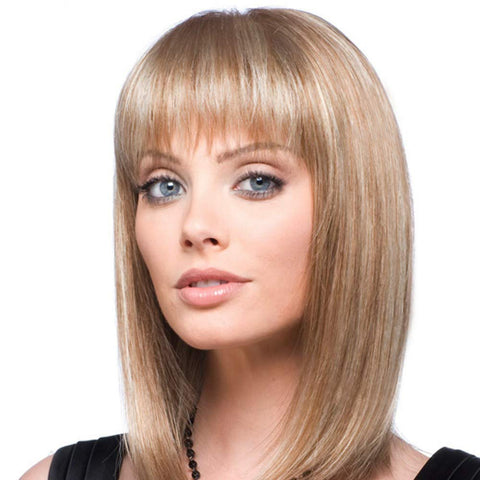 Emmor Natural Blonde Human Hair Blend Wigs for Women and Lady ,Shoulder Length Bob Wig Blend With Healthy Kanekalon Fiber with Bangs Straight Style, Softer /Finer /Lightweight