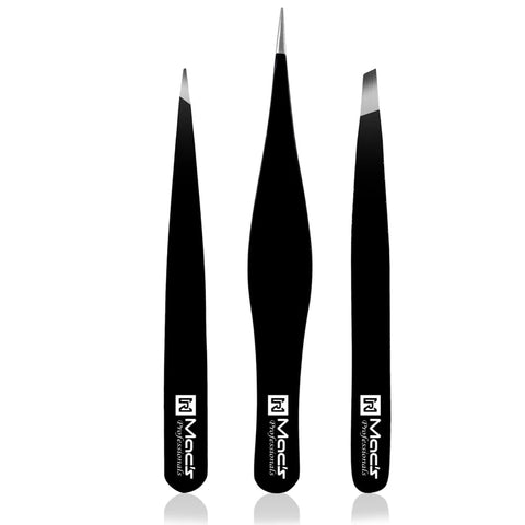 Macs Tweezers Set;- for Eyebrow Plucking, Ingrown Hair -Best for Eyebrow Hair, Facial Hair Removal,Splinter - Stainless Steel Precision Sharp- Pointy Ends Meet Perfectly - 7343BK (Black)