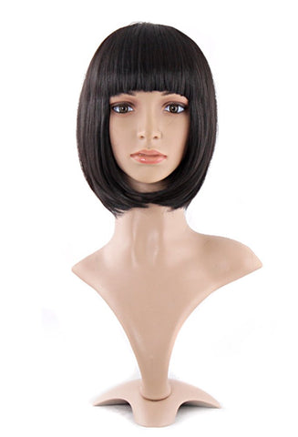 MapofBeauty 12"/30cm Natural Ladies Short Straight Wigs Flat Bangs Bob Wig (Black)