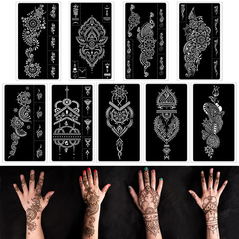 Henna Tattoo Stencils kit ,Reusable Henna Stencils for Hand Forearm Glitter Airbrush DIY Tattooing Template, Indian Temporary Tattoo Stickers for Women Girlsï¼ˆ8.2" x 4.7"ï¼‰