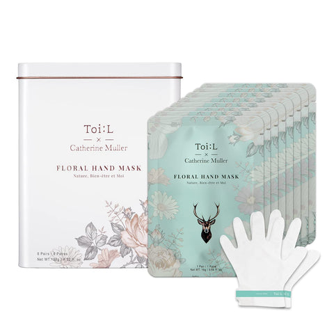 Toi:L x Catherine Muller Floral Hand Mask Glove (1Tin/8Pairs), Moisturizing Glove for dry hands, Premium Hand spa Treatment, Moisturizing, Whitening, and Repairing for Rough & Damaged hands
