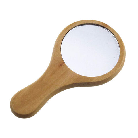 1 Piece Small Portable Wood Makeup Mirror Handmade Portable Handle Round Cosmetic Mirror with Single Handle Personal Vanity Cosmetic Wooden Handheld Mirror, 7.1x 13.5cm