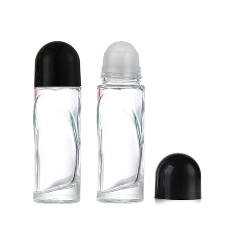 2Pcs 70ml/2.36oz Clear Glass Deodorant Roller Bottle with Plastic Roller Ball & Black Lid Deodorant Bottles Essential Oil Roller Bottles Empty Deodorant Containers, Thin-Waist Style