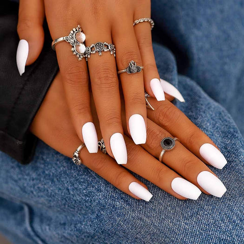 Campsis 24Pcs Matte Fake Nails Pure White Coffin Full Cover False Nails Fashion Party Prom Acrylic Nails Art for Women and Girls