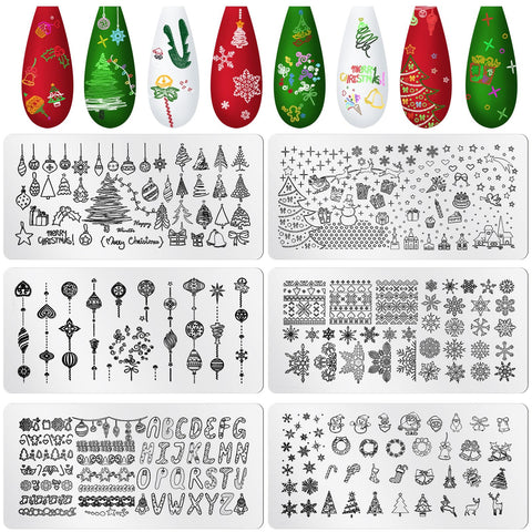 6 Pieces Nail Stamp Plates Nail Art Stamping Templates Snowman Snowflake Pumpkin Bat Pattern Plates for DIY Nail Decoration (Christmas Style with 26 Letters)