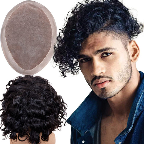 Lishy Curly Toupee for Men 9”x6” European Virgin Human Hair Replacement Systems Men’s Hairpiece Mono Lace Top with Durable PU Around Medium Light Density 1B Black Color