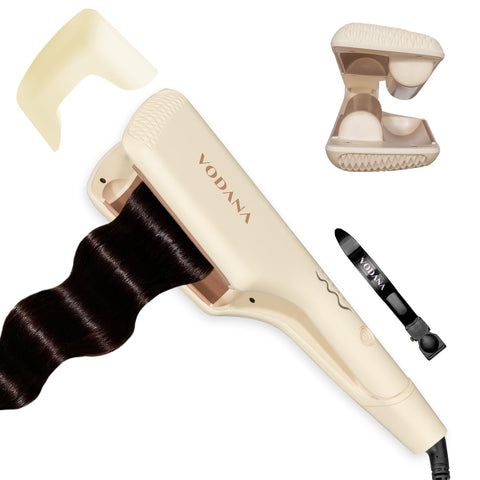 VODANA Professional Triple Flow Ceramic Hair Waver, Easy Beach Wave, Embedded, Light Double Barrel Wave Iron for Wide Deep Waves (1.25 inch, Brown)