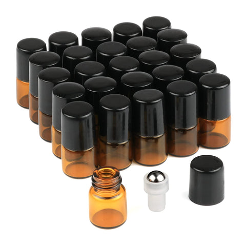 25 Pcs Essential Oil Glass Roller Bottles Mini Tiny Refillable Empty Aromatherapy Perfume Liquid Amber Glass Roll On Bottles Vials Metal Rollerball Bottles Jar (1ml) by Wresty