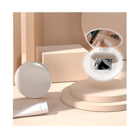 LED Lighted Travel Makeup Mirror with UV Camera, 2X Magnifying Mirror Round Makeup Mirror with Smart Touch Controls and Adjustable Brightness for Handbag and Pocket