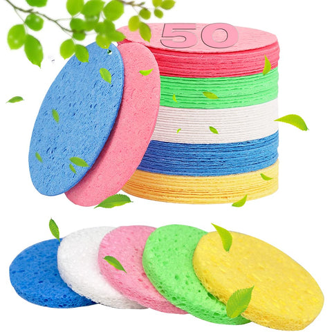 50-Count Compressed Facial Sponges- 100% Natural Cellulose Face Sponge Professional Cosmetic Spa Sponges for Face Cleansing, Massage, Pore Exfoliating, Mask, Makeup Removal (Multi-Colors)