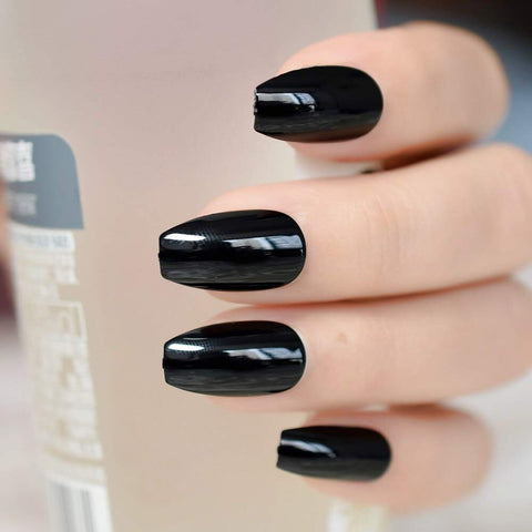 CoolNail Classic Black UV Coffin False Nails Pure Solid Color Ballerina Fake Nail Artificial Extension Tips for Finger Free Glue Sticker