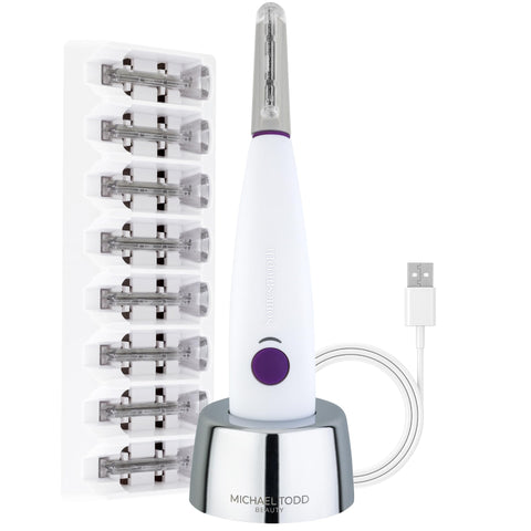 Michael Todd Sonicsmooth At-Home Dermaplaning Kit With Replacement Safety Edges, Cleanser Serum, Sonic Powered Peach Fuzz Remover And Exfoliation Tool, White