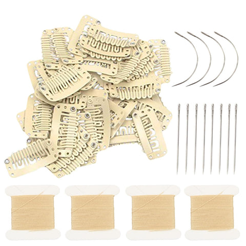 50pcs Wig Clips 32mm Snap Clips For Hair Extension 6-teeth Beige Color Hair Extensions Clip with Thread and Needles (Beige -50pcs)