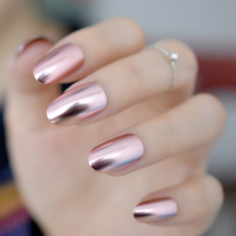 CoolNail Oval Metal Mirror False Nails Champagne Pink Fake Nail Short Size Acrylic Nail Tips DIY Nail Salon Products 24pcs