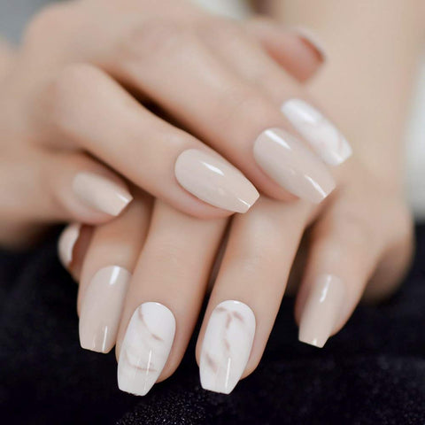 CoolNail 24Pcs Ballerina Fake Nails Khaki Nude Marble Coffin Flat Artificial False Nail Tips for Office Home Faux Ongle Free Glue Sticker