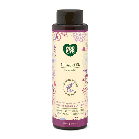 ecoLove Shower Gel for dry skin - Made with organic purple fruit extracts Blueberry, Grape & Lavender. 100% VEGAN (17.6 Oz)
