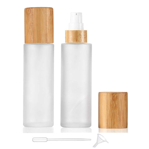 Frosted Glass Lotion Bottle,2 Pack Cosmetic Cream Bottles With Bamboo Lid Empty Travel Spray Bottles Pump Dispenser For Essential Oil Emulsion Essence Liquid (80ml)