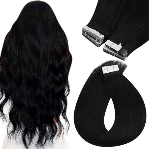 28 inch Tape in Extensions Human Hair Jet Black #1 Long Hair Extensions Real Human Hair Tape in Remy Hair Extensions Skin Weft Long Hair for Women 50g 20 pcs