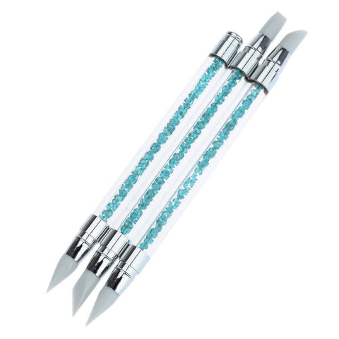 BornBeauty 2 Ways Silicone Nail Art Acrylic Pen Brushes set 3 Pcs Blue Rhinestones Design Sculpture Carving Brush for 3D Effect Shaping Drawing Dotting Tools