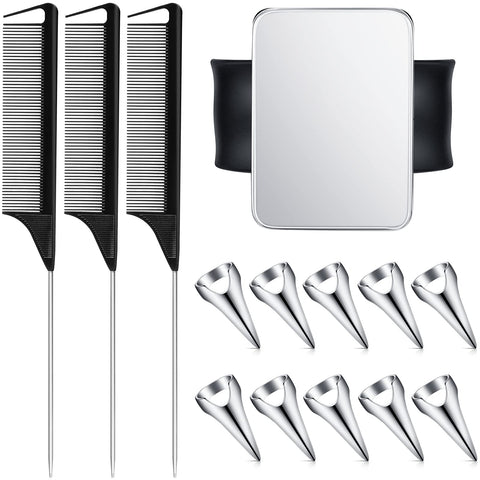 10 Pieces Hair Selecting Ring and 3 Pieces Steel Pin Rat Tail combs with Magnetic Wrist, Hair Parting and Selecting Tool with Wrist Magnetic Pin Holder Salon Set for Braiding, Selecting, Curling