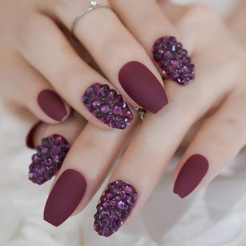 CoolNail Ballerinas Matte burgundy Coffin False Nails 3D Rhinestones Wine Red Color False Coffin Shape Pre-design Full Nail Tips